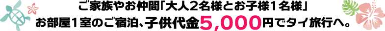 ご家族やお仲間「大人2名様とお子様1名様」お部屋1室のご宿泊、子供代金5,000円でタイ旅行へ。